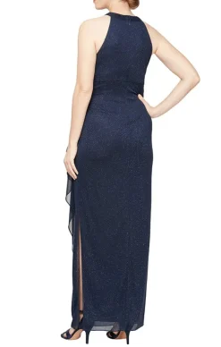 Sleeveless Glitter Mesh Halter Neck Dress With Cascade Detail Skirt