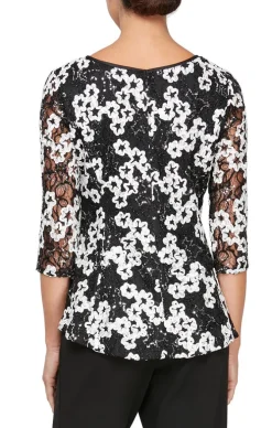 Soutache Lace Blouse With Illusion Neckline/Sleeves & High Low Modified Peplum Hem