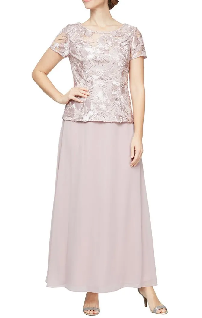 Soutache Lace Bodice Dress With Illusion Neckline And A-Line Chiffon Skirt