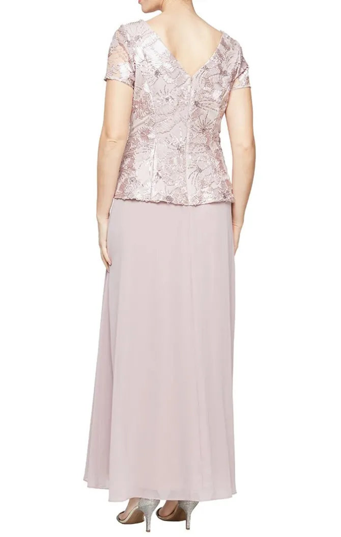 Soutache Lace Bodice Dress With Illusion Neckline And A-Line Chiffon Skirt