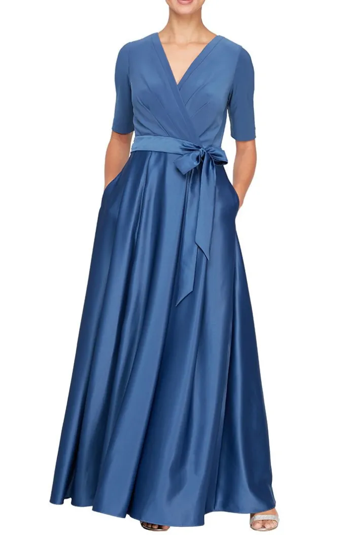 Surplice Neckline Ballgown With Full Satin Skirt & Jersey Bodice