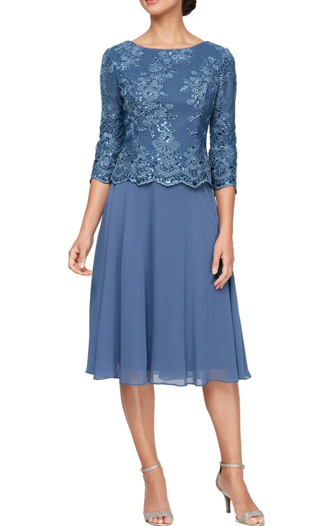 Tea Length Embroidered Mock Dress With Full Skirt & Scallop Detail