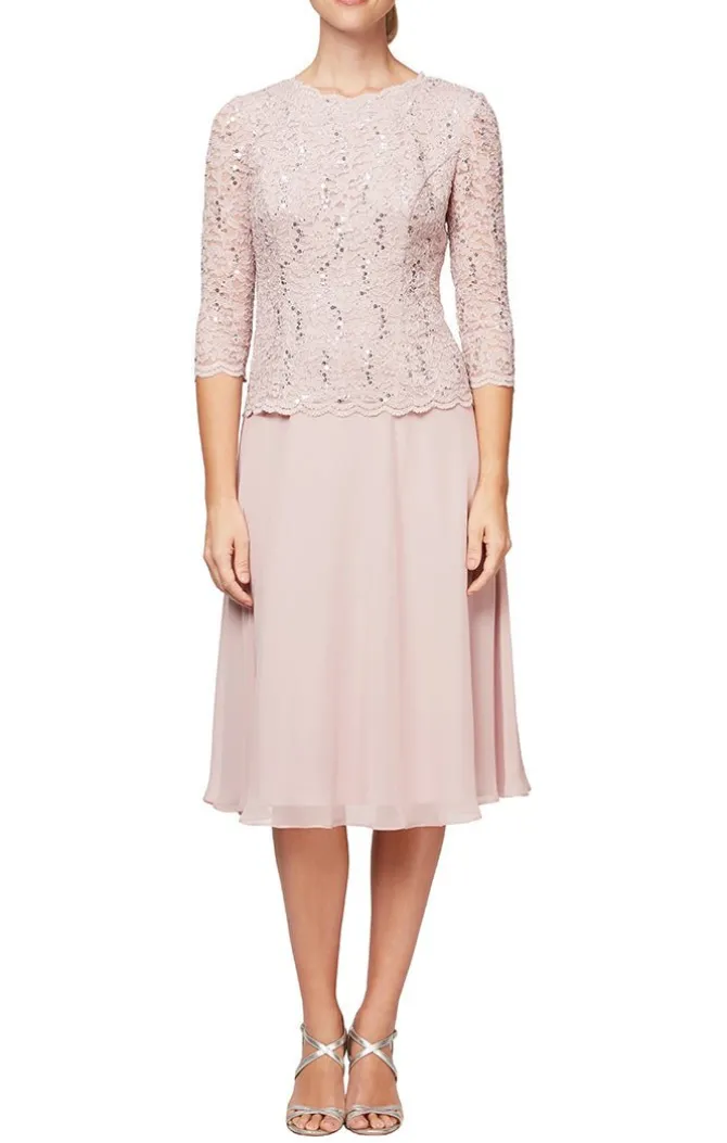 Tea-Length Dress With Sequin Lace Bodice & Chiffon Skirt