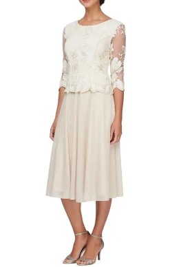 Tea-Length Embroidered Mock Dress With Illusion Sleeves, Scallop Detail And Full Skirt