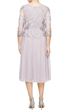 Tea-Length Embroidered Mock Dress With Illusion Sleeves, Scallop Detail And Full Skirt
