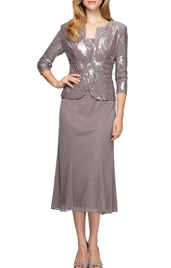 Tea-Length Firework Sequin Jacket Dress With Mesh Skirt