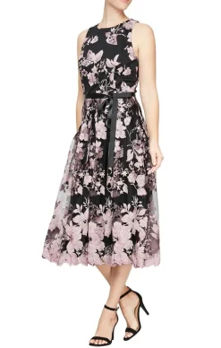 Tea-Length Sleeveless Embroidered Dress With Full Skirt & Tie Belt