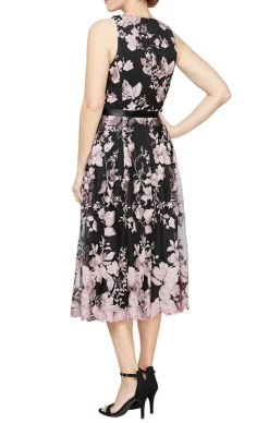 Tea-Length Sleeveless Embroidered Dress With Full Skirt & Tie Belt