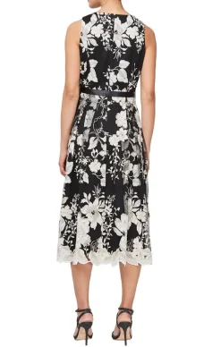 Tea-Length Sleeveless Embroidered Dress With Full Skirt & Tie Belt