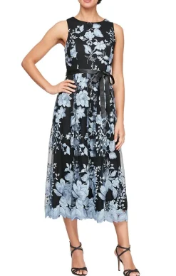 Tea-Length Sleeveless Embroidered Dress With Full Skirt & Tie Belt