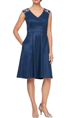 V-Neck A-Line Taffeta Cocktail Dress With Embellished Shoulders And Pockets