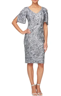 V-Neck Sequin Cocktail Dress With Cold Shoulder Flutter Sleeves