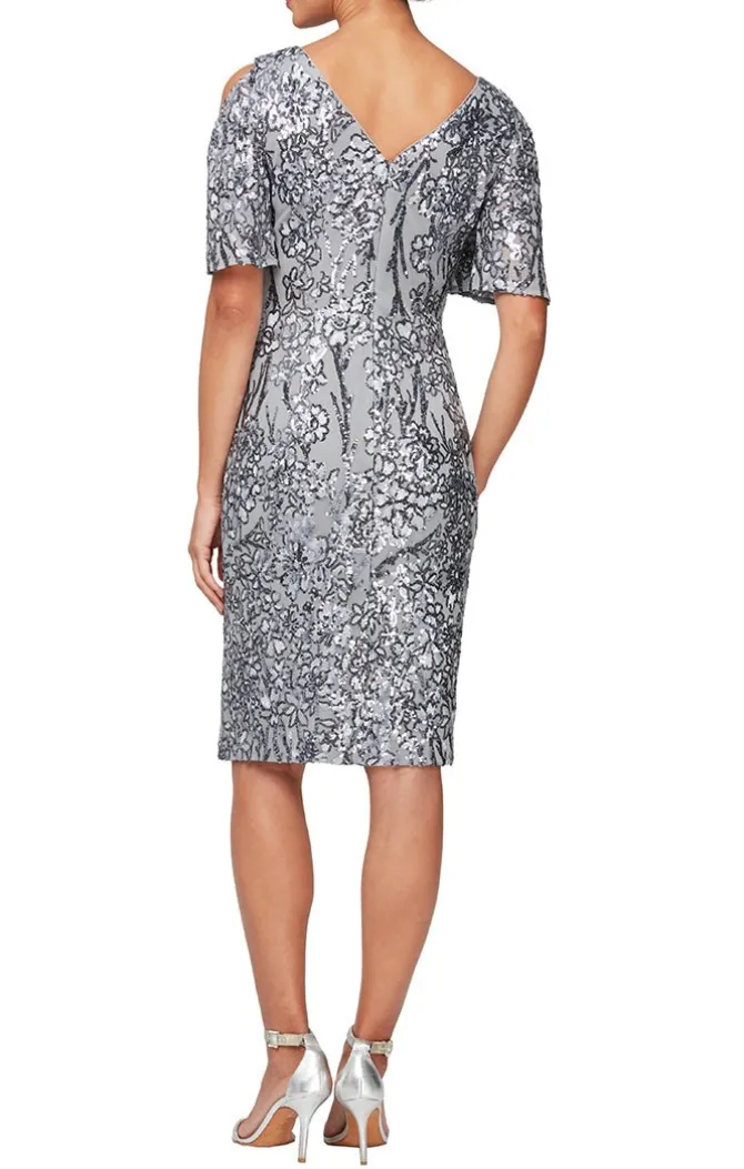 V-Neck Sequin Cocktail Dress With Cold Shoulder Flutter Sleeves
