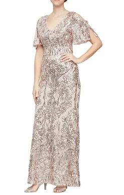 V-Neck Sequin Dress With Cold Shoulder Flutter Sleeve