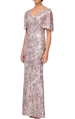 V-Neck Sequin Dress With Cold Shoulder Flutter Sleeve