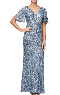 V-Neck Sequin Dress With Cold Shoulder Flutter Sleeve