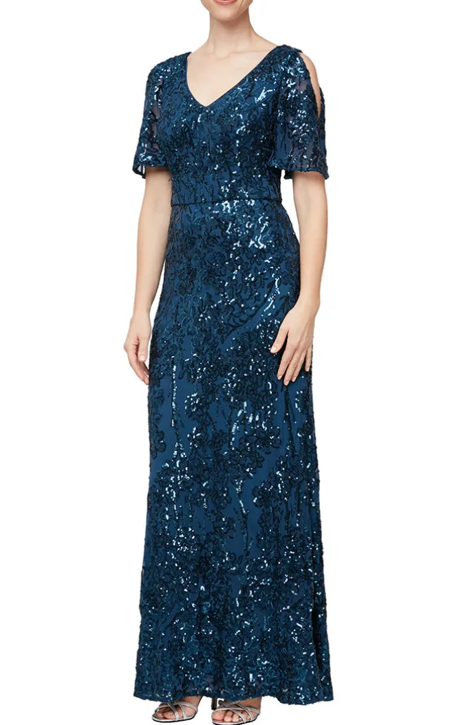 V-Neck Sequin Dress With Cold Shoulder Flutter Sleeve